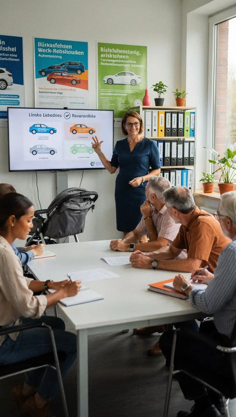 Experte erklärt verschiedene Autoversicherungsoptionen an einem Schreibtisch